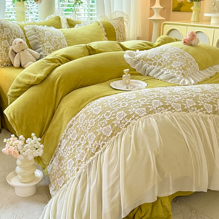 91家纺网 家纺一手货源 找家纺 唐人居 2025新款高克重牛奶绒蕾丝雪纺花边四件套-丘比特 丘比特-柠檬黄