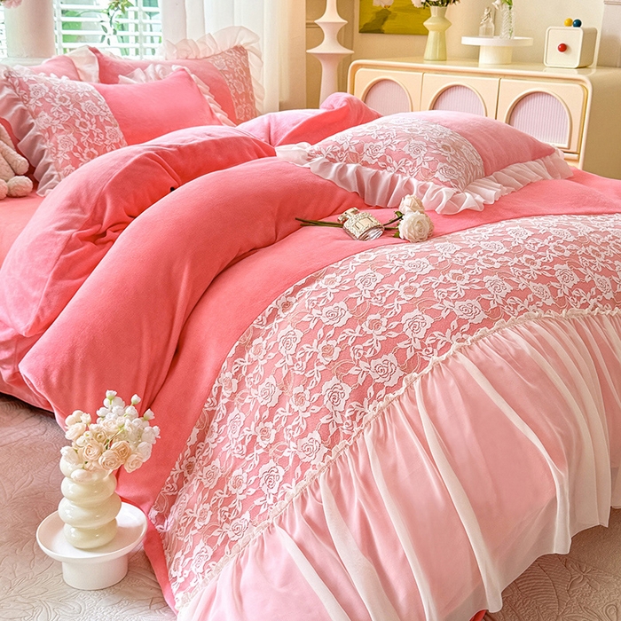 唐人居 2025新款高克重牛奶绒蕾丝雪纺花边四件套-丘比特 丘比特-粉玉