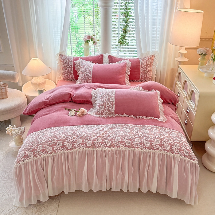 91家纺网 家纺一手货源 找家纺 唐人居 2025新款高克重牛奶绒蕾丝雪纺花边四件套-丘比特 丘比特-豆沙