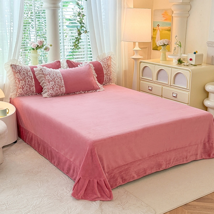 91家纺网 家纺一手货源 找家纺 唐人居 2025新款高克重牛奶绒蕾丝雪纺花边四件套-丘比特 丘比特-豆沙