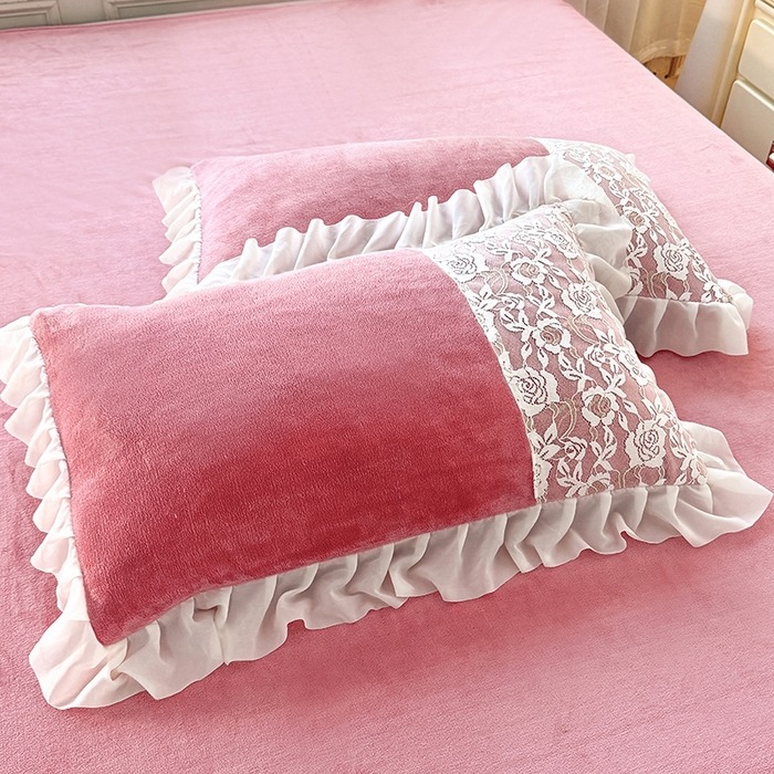 91家纺网 家纺一手货源 找家纺 唐人居 2025新款高克重牛奶绒蕾丝雪纺花边四件套-丘比特 丘比特-豆沙