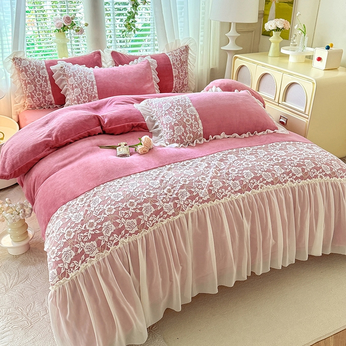 91家纺网 家纺一手货源 找家纺 唐人居 2025新款高克重牛奶绒蕾丝雪纺花边四件套-丘比特 丘比特-豆沙