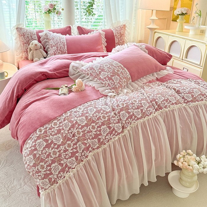 91家纺网 家纺一手货源 找家纺 唐人居 2025新款高克重牛奶绒蕾丝雪纺花边四件套-丘比特 丘比特-豆沙