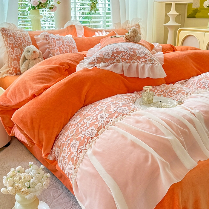 91家纺网 家纺一手货源 找家纺 唐人居 2025新款高克重牛奶绒蕾丝雪纺花边四件套-丘比特 丘比特-橘橙