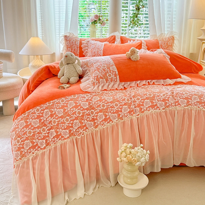 91家纺网 家纺一手货源 找家纺 唐人居 2025新款高克重牛奶绒蕾丝雪纺花边四件套-丘比特 丘比特-橘橙