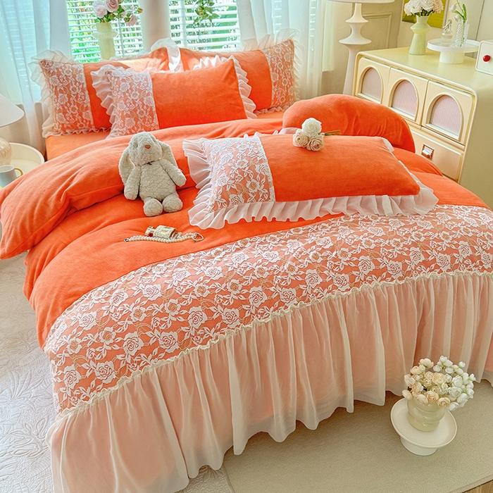 91家纺网 家纺一手货源 找家纺 唐人居 2025新款高克重牛奶绒蕾丝雪纺花边四件套-丘比特 丘比特-橘橙