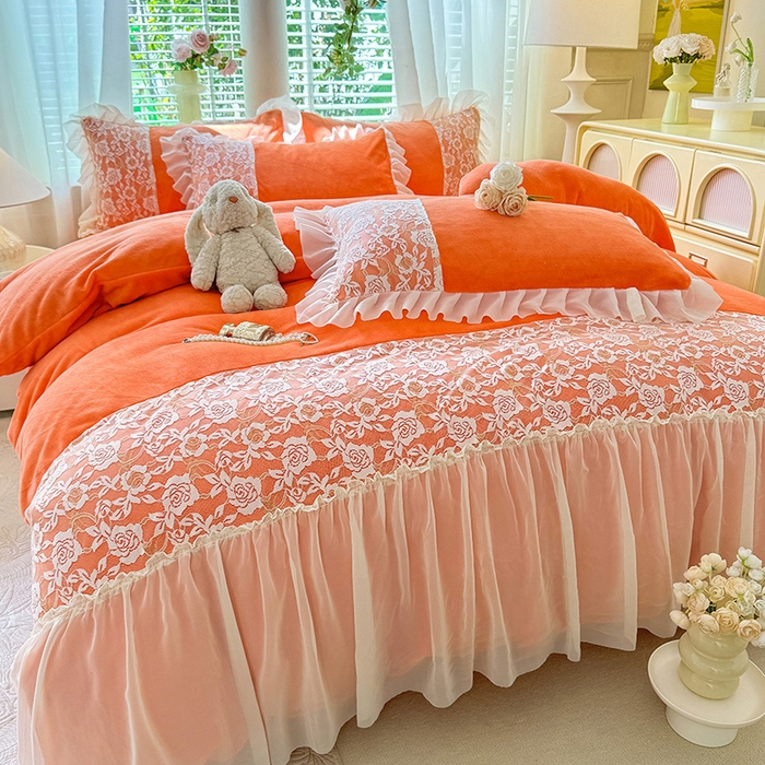 91家纺网 家纺一手货源 找家纺 唐人居 2025新款高克重牛奶绒蕾丝雪纺花边四件套-丘比特 丘比特-橘橙