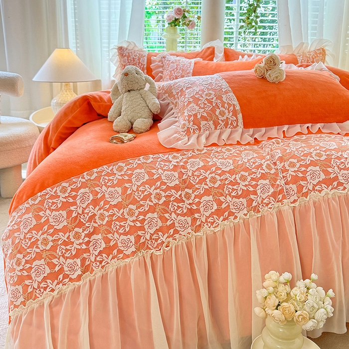 91家纺网 家纺一手货源 找家纺 唐人居 2025新款高克重牛奶绒蕾丝雪纺花边四件套-丘比特 丘比特-橘橙