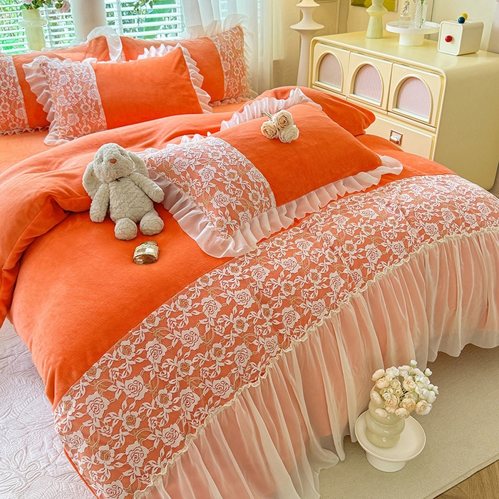 91家纺网 家纺一手货源 找家纺 唐人居 2025新款高克重牛奶绒蕾丝雪纺花边四件套-丘比特 丘比特-橘橙