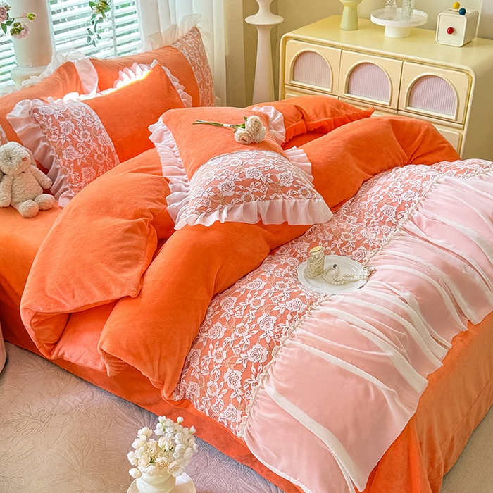 91家纺网 家纺一手货源 找家纺 唐人居 2025新款高克重牛奶绒蕾丝雪纺花边四件套-丘比特 丘比特-橘橙