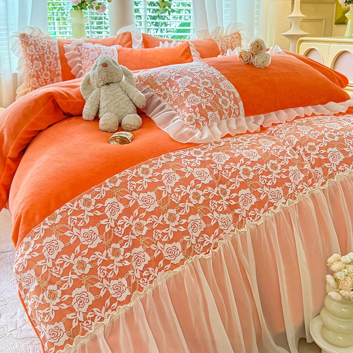 91家纺网 家纺一手货源 找家纺 唐人居 2025新款高克重牛奶绒蕾丝雪纺花边四件套-丘比特 丘比特-橘橙