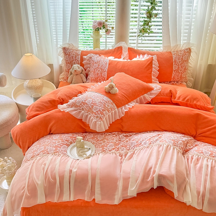 91家纺网 家纺一手货源 找家纺 唐人居 2025新款高克重牛奶绒蕾丝雪纺花边四件套-丘比特 丘比特-橘橙