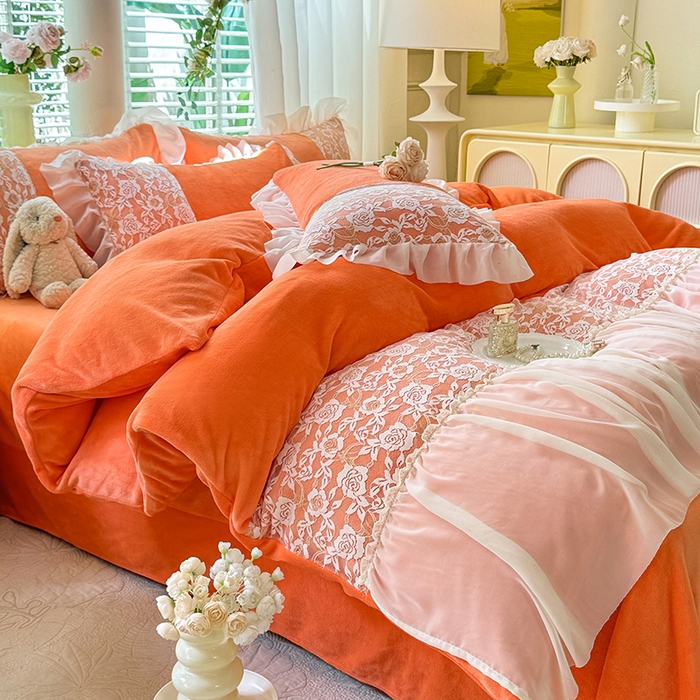 91家纺网 家纺一手货源 找家纺 唐人居 2025新款高克重牛奶绒蕾丝雪纺花边四件套-丘比特 丘比特-橘橙