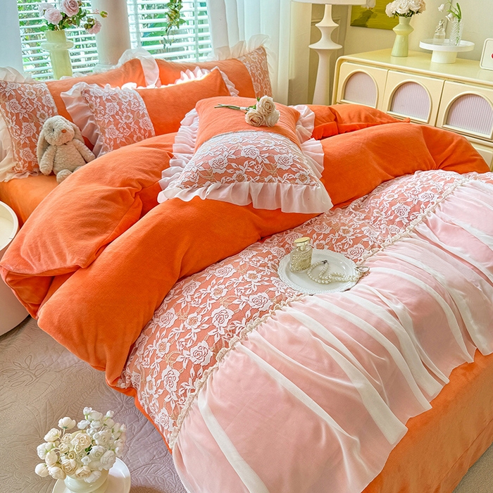 91家纺网 家纺一手货源 找家纺 唐人居 2025新款高克重牛奶绒蕾丝雪纺花边四件套-丘比特 丘比特-橘橙