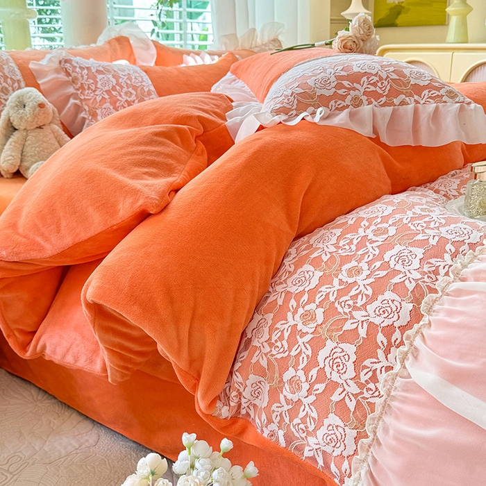 91家纺网 家纺一手货源 找家纺 唐人居 2025新款高克重牛奶绒蕾丝雪纺花边四件套-丘比特 丘比特-橘橙