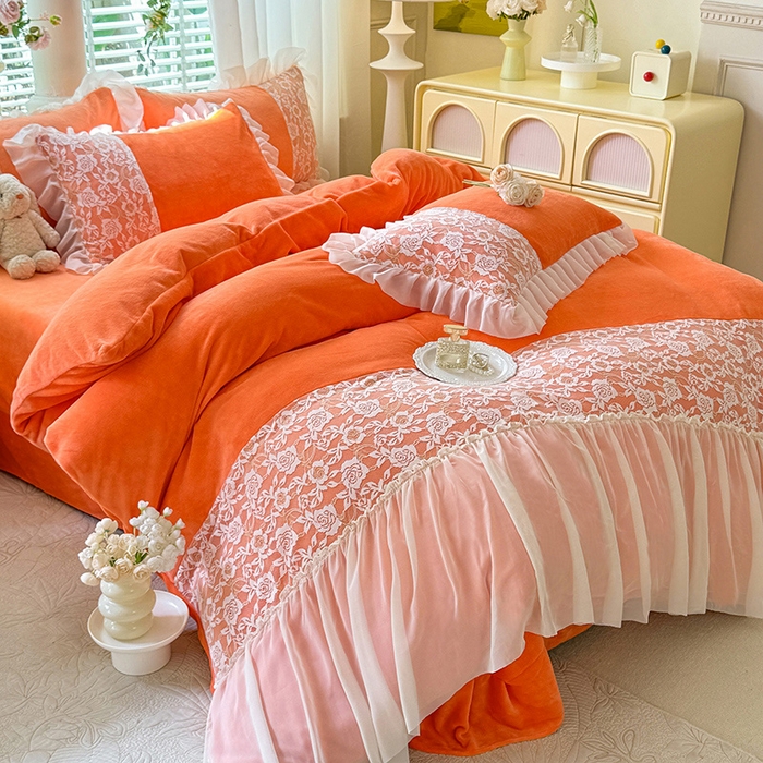 91家纺网 家纺一手货源 找家纺 唐人居 2025新款高克重牛奶绒蕾丝雪纺花边四件套-丘比特 丘比特-橘橙