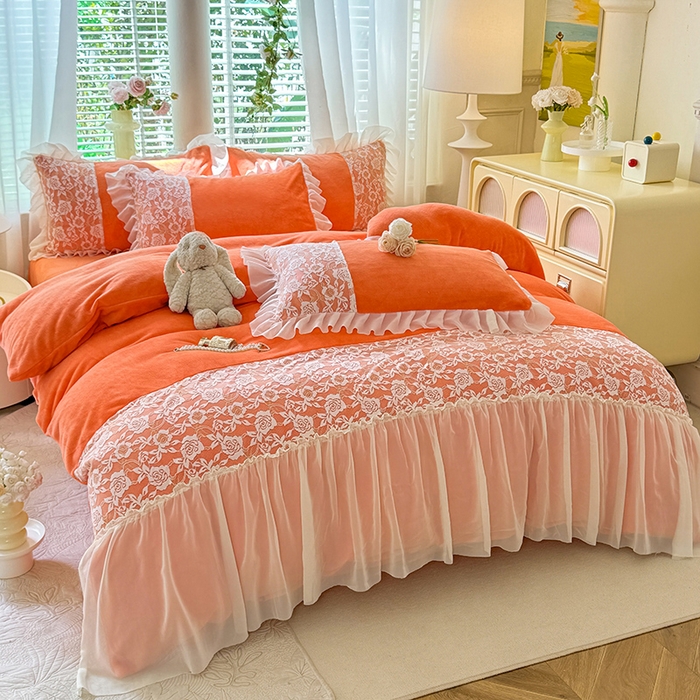 91家纺网 家纺一手货源 找家纺 唐人居 2025新款高克重牛奶绒蕾丝雪纺花边四件套-丘比特 丘比特-橘橙