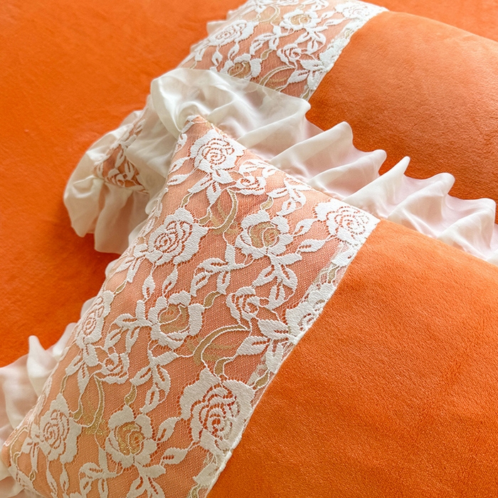 91家纺网 家纺一手货源 找家纺 唐人居 2025新款高克重牛奶绒蕾丝雪纺花边四件套-丘比特 丘比特-橘橙