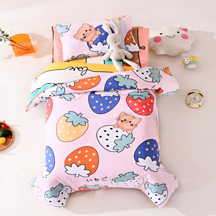 萌宝家纺 2025新款幼儿园全棉纯棉三件套含芯婴童多件套 草莓猫咪