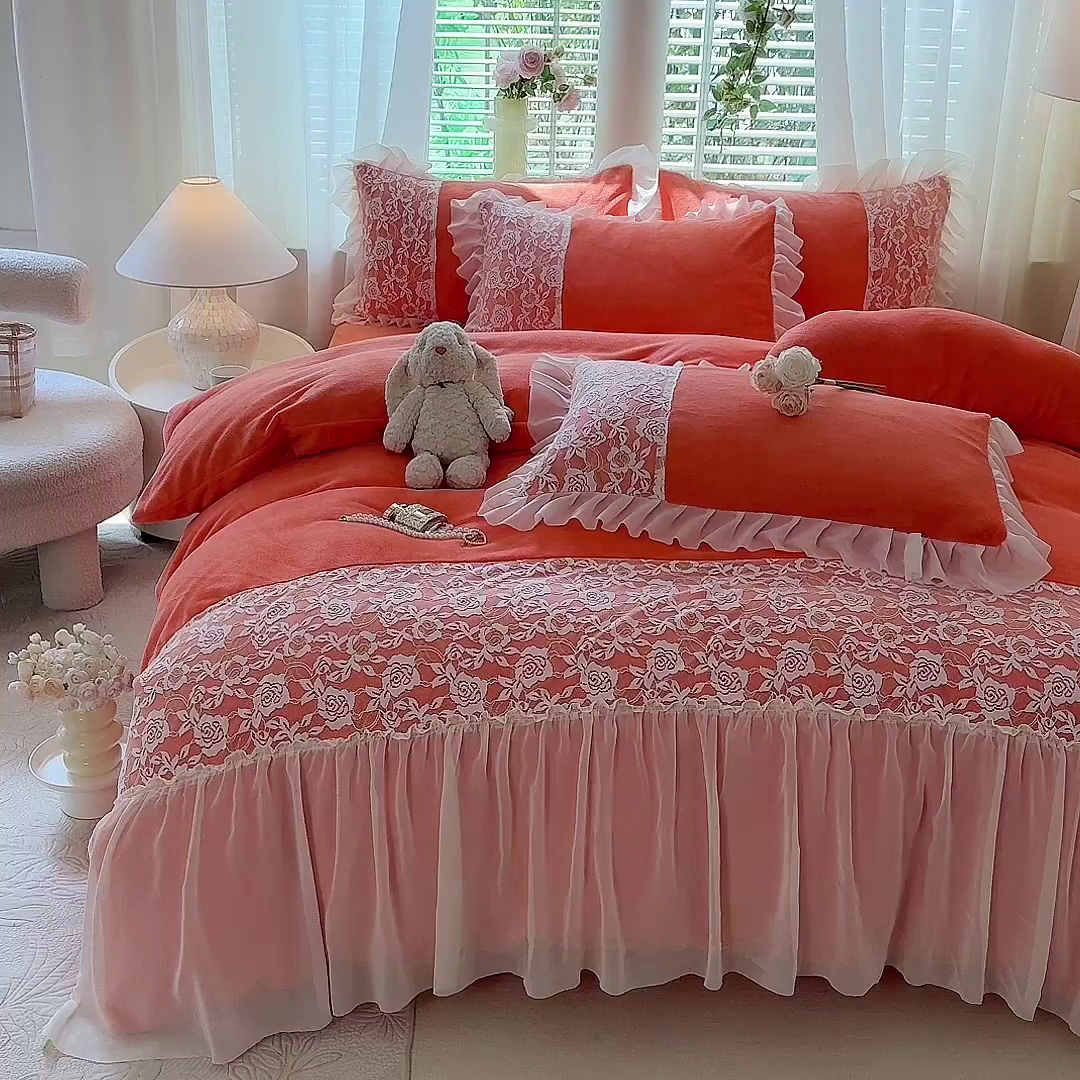 91家纺网 家纺一手货源 找家纺 唐人居 2025新款高克重牛奶绒蕾丝雪纺花边四件套-丘比特 丘比特-橘橙