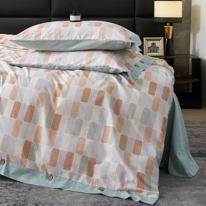 91家纺网 家纺一手货源 找家纺 沐白家居 2025新款全棉生态磨毛印花四件套-纽扣工艺款 闲偶-绿