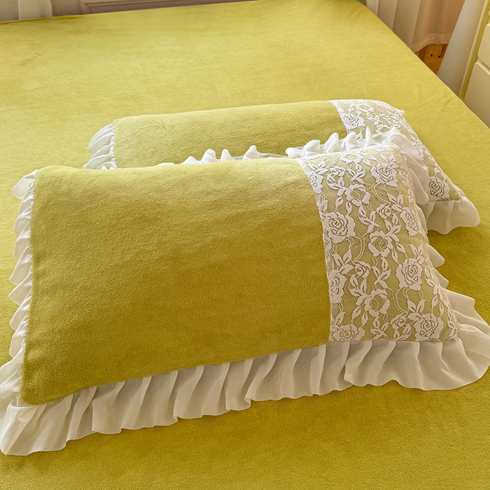 91家纺网 家纺一手货源 找家纺 唐人居 2025新款高克重牛奶绒蕾丝雪纺花边四件套-丘比特 丘比特-柠檬黄