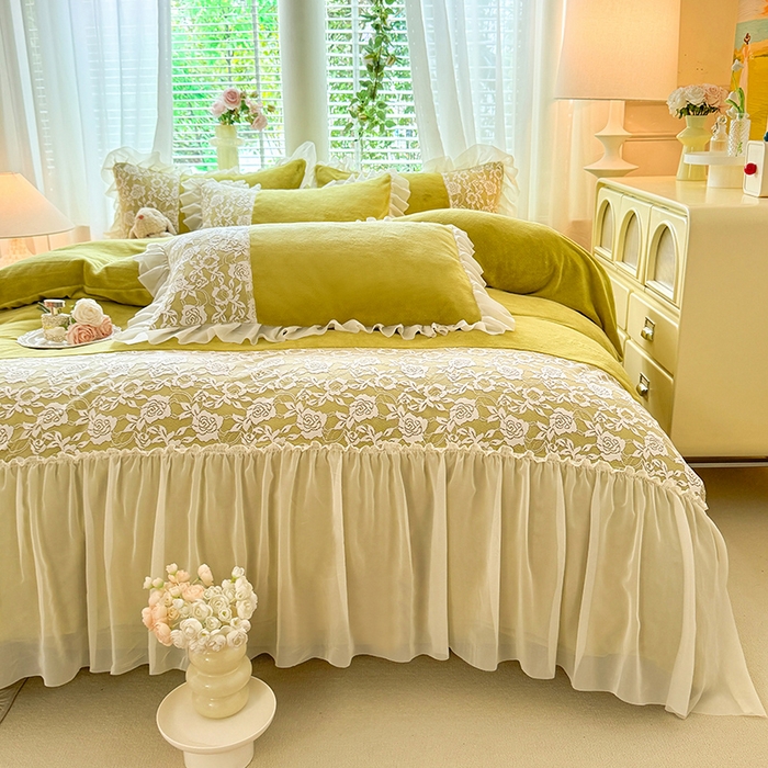 91家纺网 家纺一手货源 找家纺 唐人居 2025新款高克重牛奶绒蕾丝雪纺花边四件套-丘比特 丘比特-柠檬黄