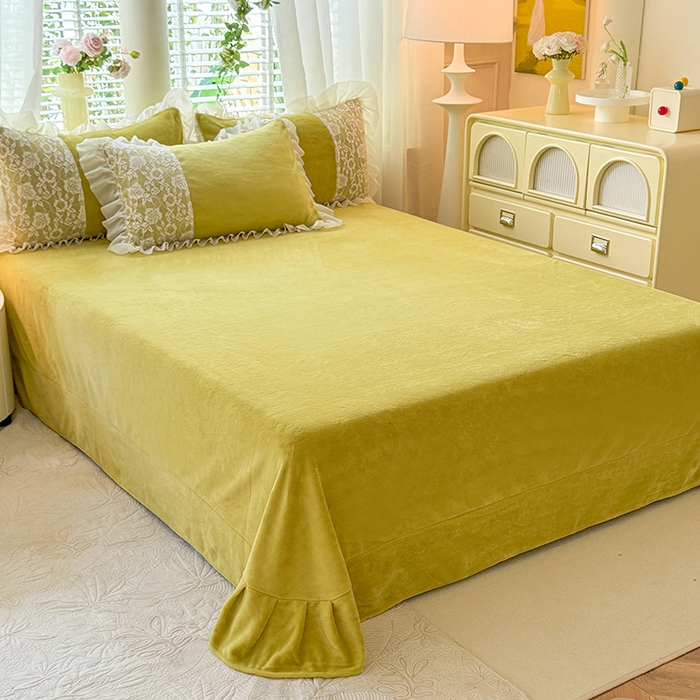 91家纺网 家纺一手货源 找家纺 唐人居 2025新款高克重牛奶绒蕾丝雪纺花边四件套-丘比特 丘比特-柠檬黄