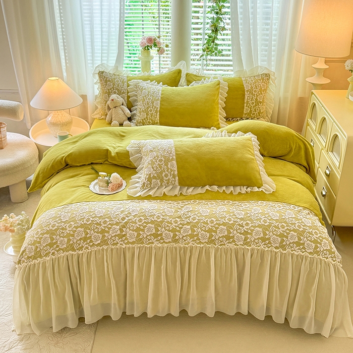 91家纺网 家纺一手货源 找家纺 唐人居 2025新款高克重牛奶绒蕾丝雪纺花边四件套-丘比特 丘比特-柠檬黄