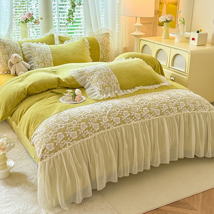 91家纺网 家纺一手货源 找家纺 唐人居 2025新款高克重牛奶绒蕾丝雪纺花边四件套-丘比特 丘比特-柠檬黄