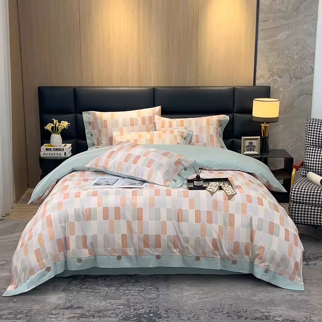 91家纺网 家纺一手货源 找家纺 沐白家居 2025新款全棉生态磨毛印花四件套-纽扣工艺款 闲偶-绿