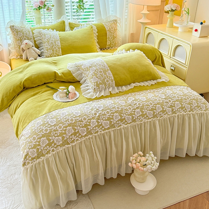 91家纺网 家纺一手货源 找家纺 唐人居 2025新款高克重牛奶绒蕾丝雪纺花边四件套-丘比特 丘比特-柠檬黄