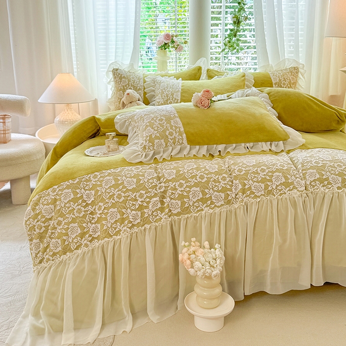 91家纺网 家纺一手货源 找家纺 唐人居 2025新款高克重牛奶绒蕾丝雪纺花边四件套-丘比特 丘比特-柠檬黄