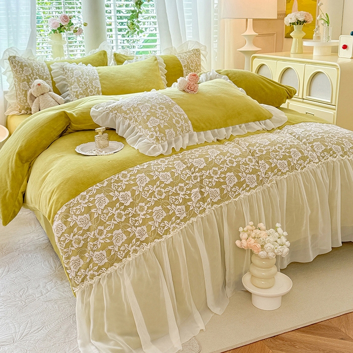 91家纺网 家纺一手货源 找家纺 唐人居 2025新款高克重牛奶绒蕾丝雪纺花边四件套-丘比特 丘比特-柠檬黄