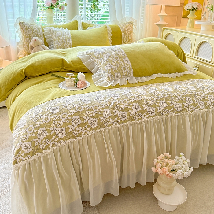 91家纺网 家纺一手货源 找家纺 唐人居 2025新款高克重牛奶绒蕾丝雪纺花边四件套-丘比特 丘比特-柠檬黄