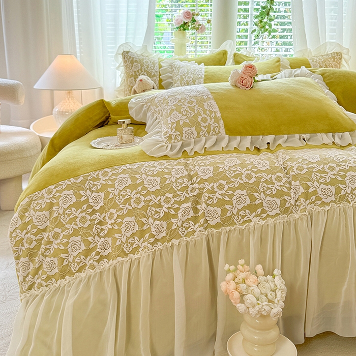 91家纺网 家纺一手货源 找家纺 唐人居 2025新款高克重牛奶绒蕾丝雪纺花边四件套-丘比特 丘比特-柠檬黄