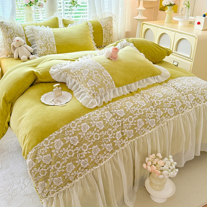 91家纺网 家纺一手货源 找家纺 唐人居 2025新款高克重牛奶绒蕾丝雪纺花边四件套-丘比特 丘比特-柠檬黄