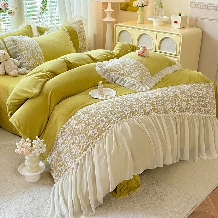 91家纺网 家纺一手货源 找家纺 唐人居 2025新款高克重牛奶绒蕾丝雪纺花边四件套-丘比特 丘比特-柠檬黄