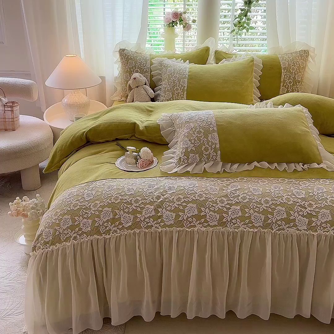 91家纺网 家纺一手货源 找家纺 唐人居 2025新款高克重牛奶绒蕾丝雪纺花边四件套-丘比特 丘比特-柠檬黄