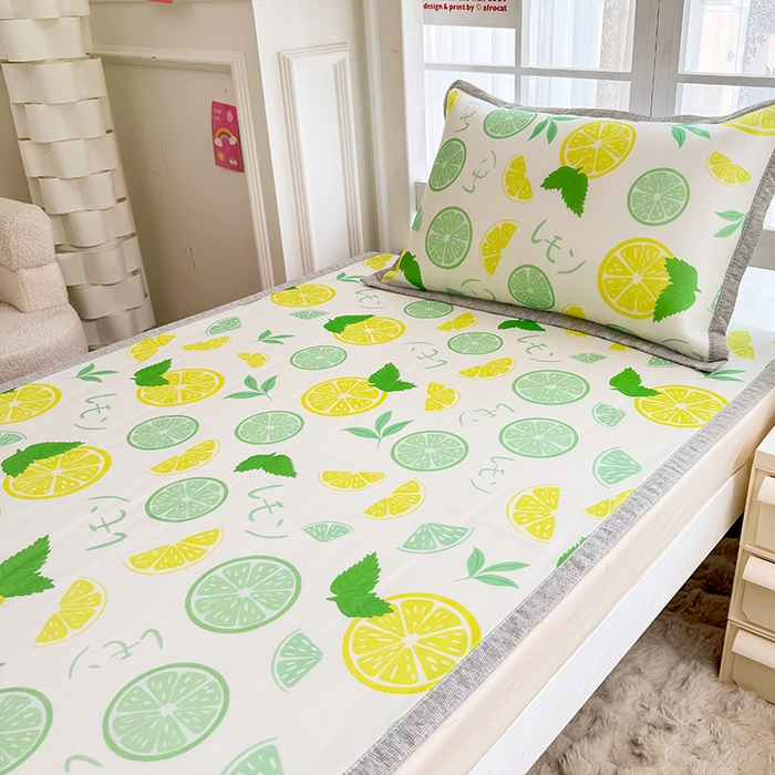 91家纺网 家纺一手货源 找家纺 萌宝家纺 2025新款小清新卡通学生宿舍凉席幼儿园小学生冰丝席冰藤软席 清新柠檬