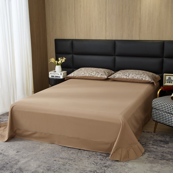 91家纺网 家纺一手货源 找家纺 沐白家居 2025新款全棉生态磨毛印花四件套-纽扣工艺款 雅集-卡其