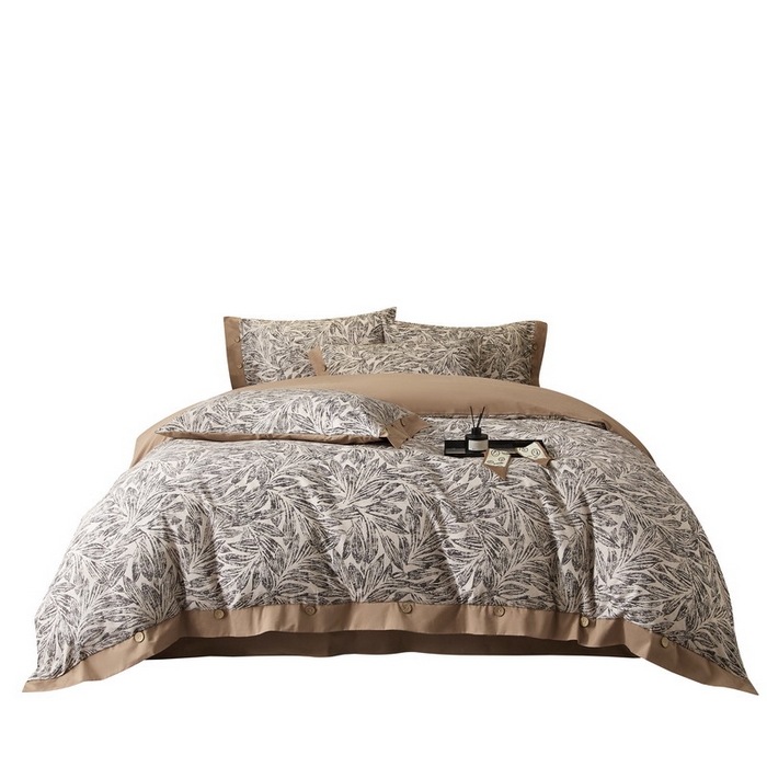 91家纺网 家纺一手货源 找家纺 沐白家居 2025新款全棉生态磨毛印花四件套-纽扣工艺款 雅集-卡其