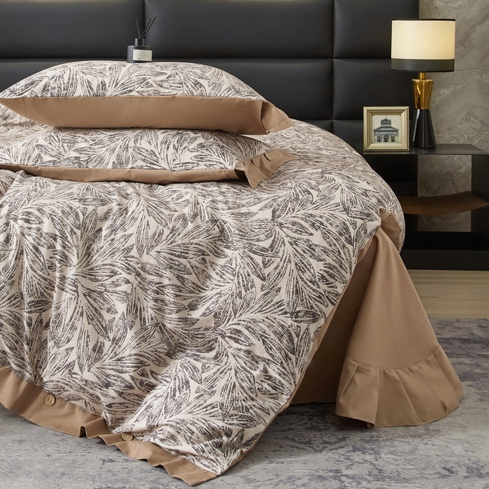 91家纺网 家纺一手货源 找家纺 沐白家居 2025新款全棉生态磨毛印花四件套-纽扣工艺款 雅集-卡其