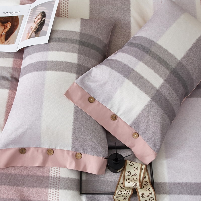 91家纺网 家纺一手货源 找家纺 沐白家居 2025新款全棉生态磨毛印花四件套-纽扣工艺款 逸谷-豆沙