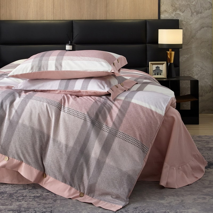 91家纺网 家纺一手货源 找家纺 沐白家居 2025新款全棉生态磨毛印花四件套-纽扣工艺款 逸谷-豆沙