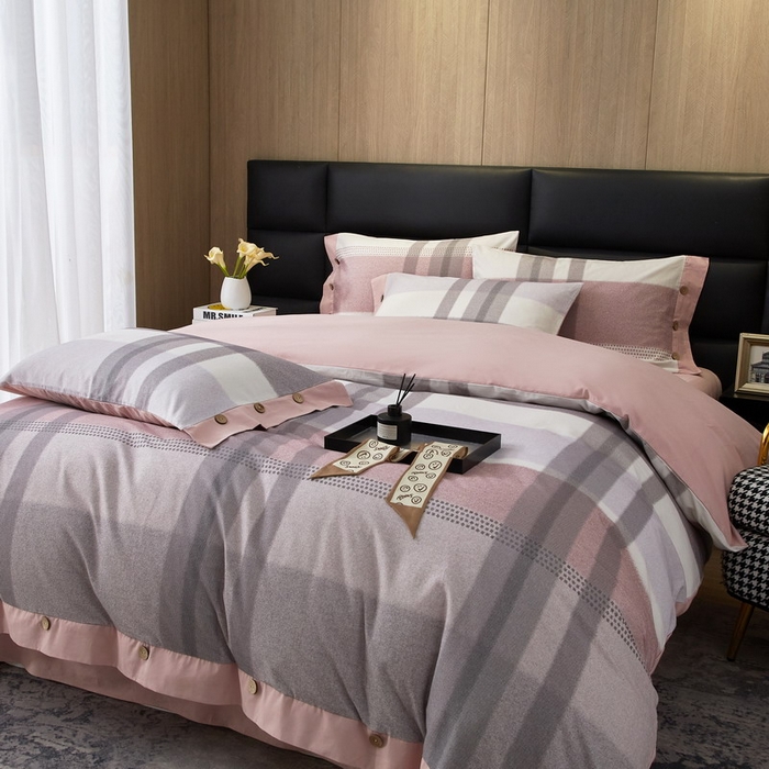 91家纺网 家纺一手货源 找家纺 沐白家居 2025新款全棉生态磨毛印花四件套-纽扣工艺款 逸谷-豆沙