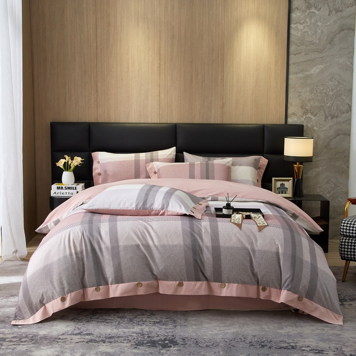 91家纺网 家纺一手货源 找家纺 沐白家居 2025新款全棉生态磨毛印花四件套-纽扣工艺款 逸谷-豆沙