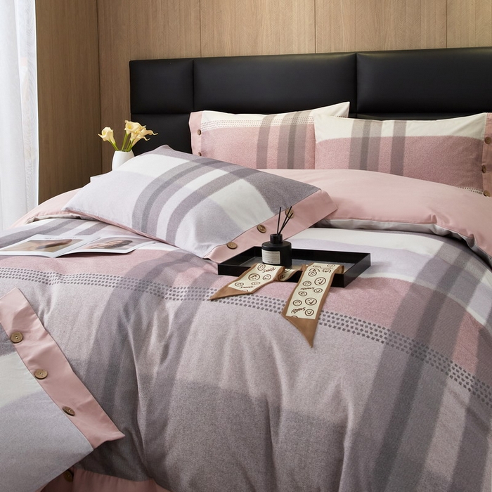 91家纺网 家纺一手货源 找家纺 沐白家居 2025新款全棉生态磨毛印花四件套-纽扣工艺款 逸谷-豆沙