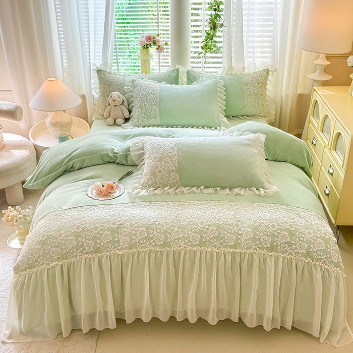 91家纺网 家纺一手货源 找家纺 唐人居 2025新款高克重牛奶绒蕾丝雪纺花边四件套-丘比特 丘比特-浅绿