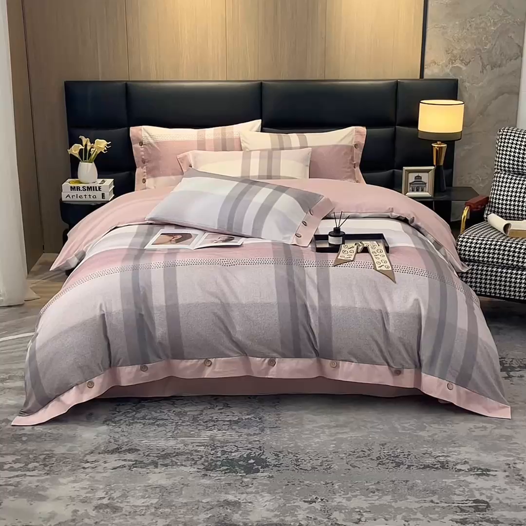 91家纺网 家纺一手货源 找家纺 沐白家居 2025新款全棉生态磨毛印花四件套-纽扣工艺款 逸谷-豆沙